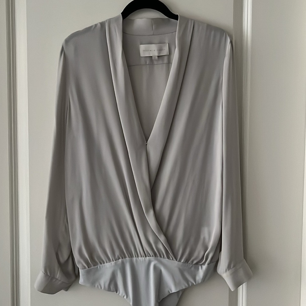 Michelle Mason Gray Silk Plunge Neck Bodysuit